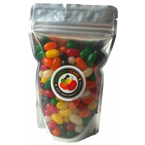 Stand up pouch with clear front filled with 14 ounces of Diversity Beans, unique candy that challenges assumptions