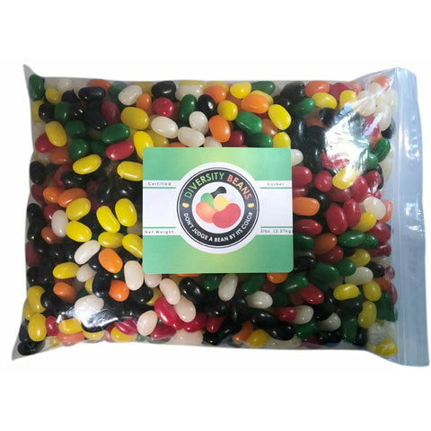 Clear bag filled with 5 pounds of colorful jelly beans that are unique and a teaching tool about assumptions